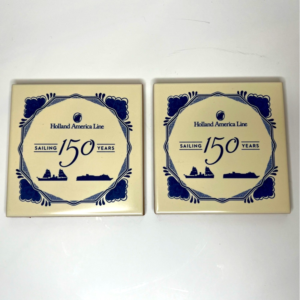 Set of 2 Holland America Line “Sailing 150 Years” Ceramic Tile Coasters
